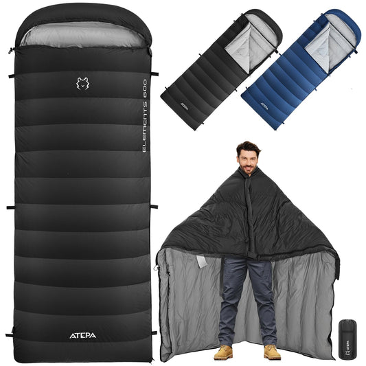 ATEPA Down Sleeping Bag for Adults, 650FP 0 Degree Cold Weather Rectangle Sleeping Bag Wearable Lightweight XL Wide 4 Season Waterproof with Compression Sack for Camping Backpacking Hiking, Black